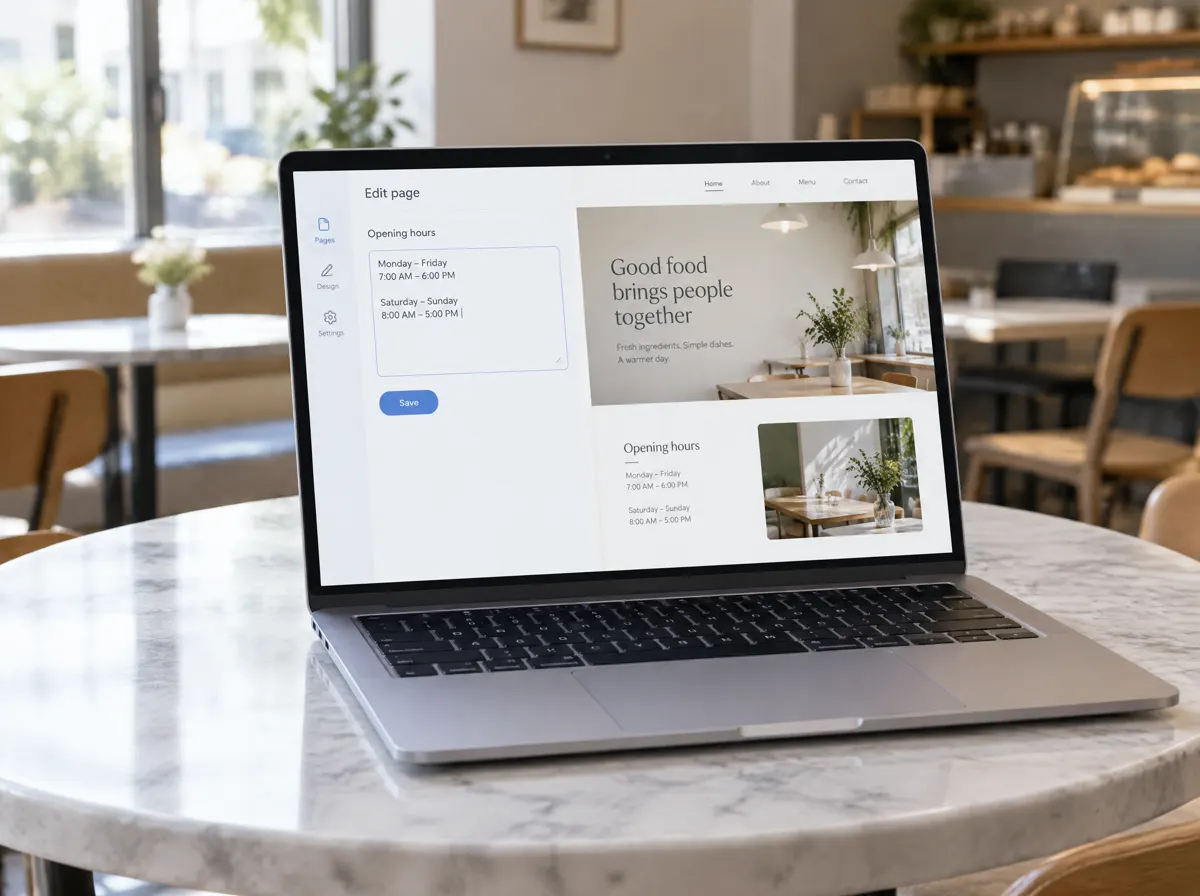 A laptop on a café table with a simple website editor open, changing the opening hours