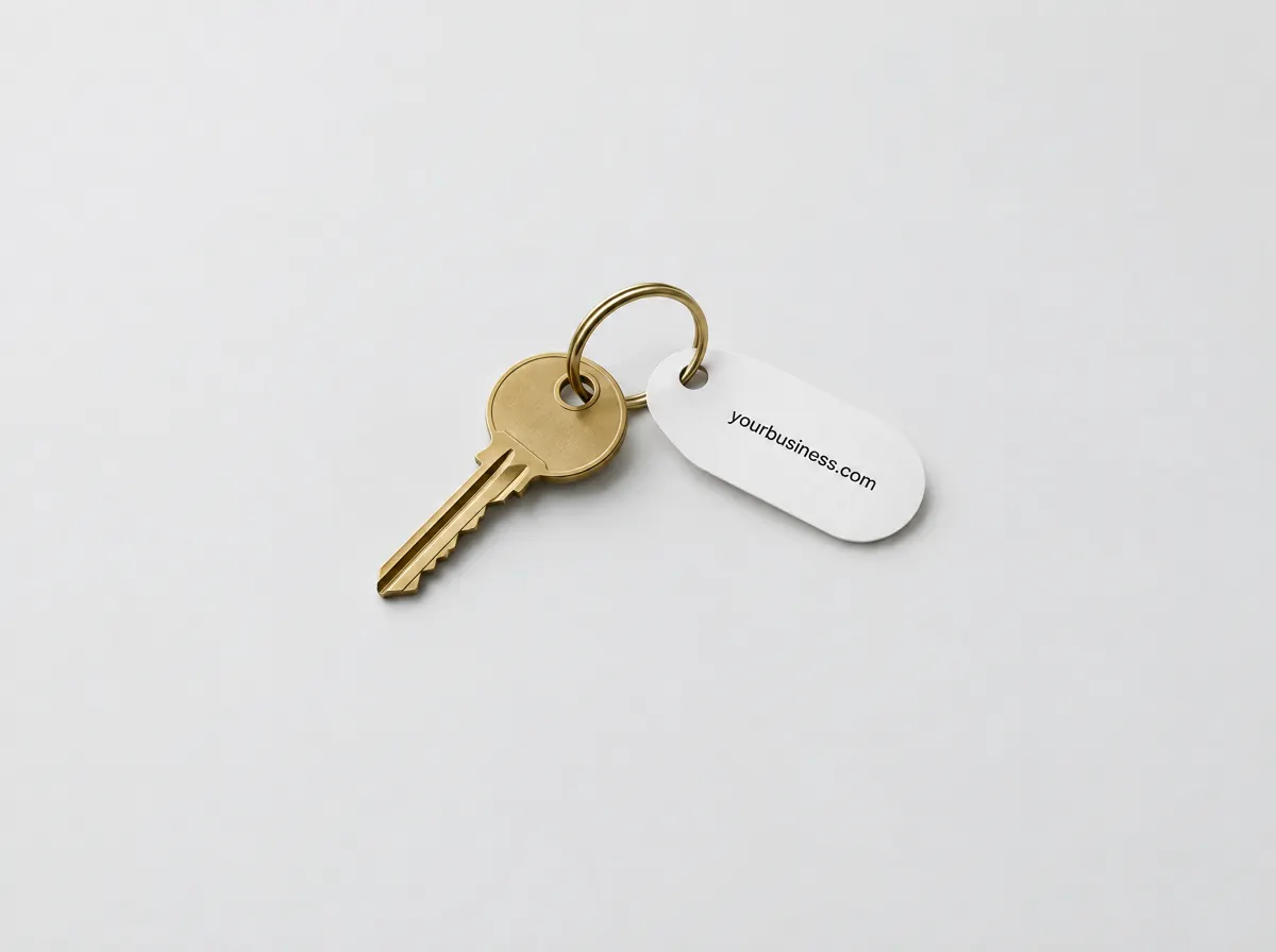 A brass key on a ring with a tag reading yourbusiness.com