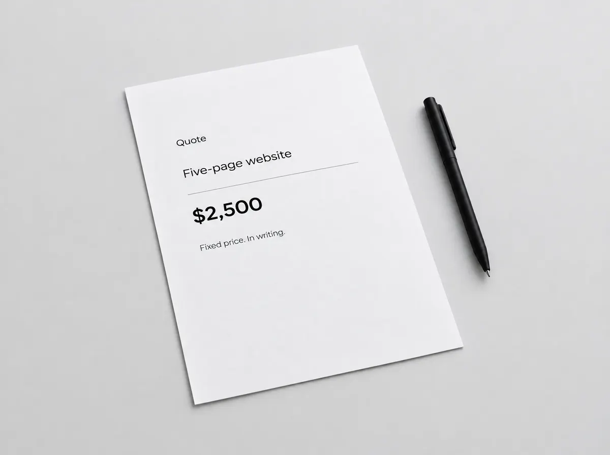 A printed quote for a five-page website, $2,500, fixed price in writing, with a pen